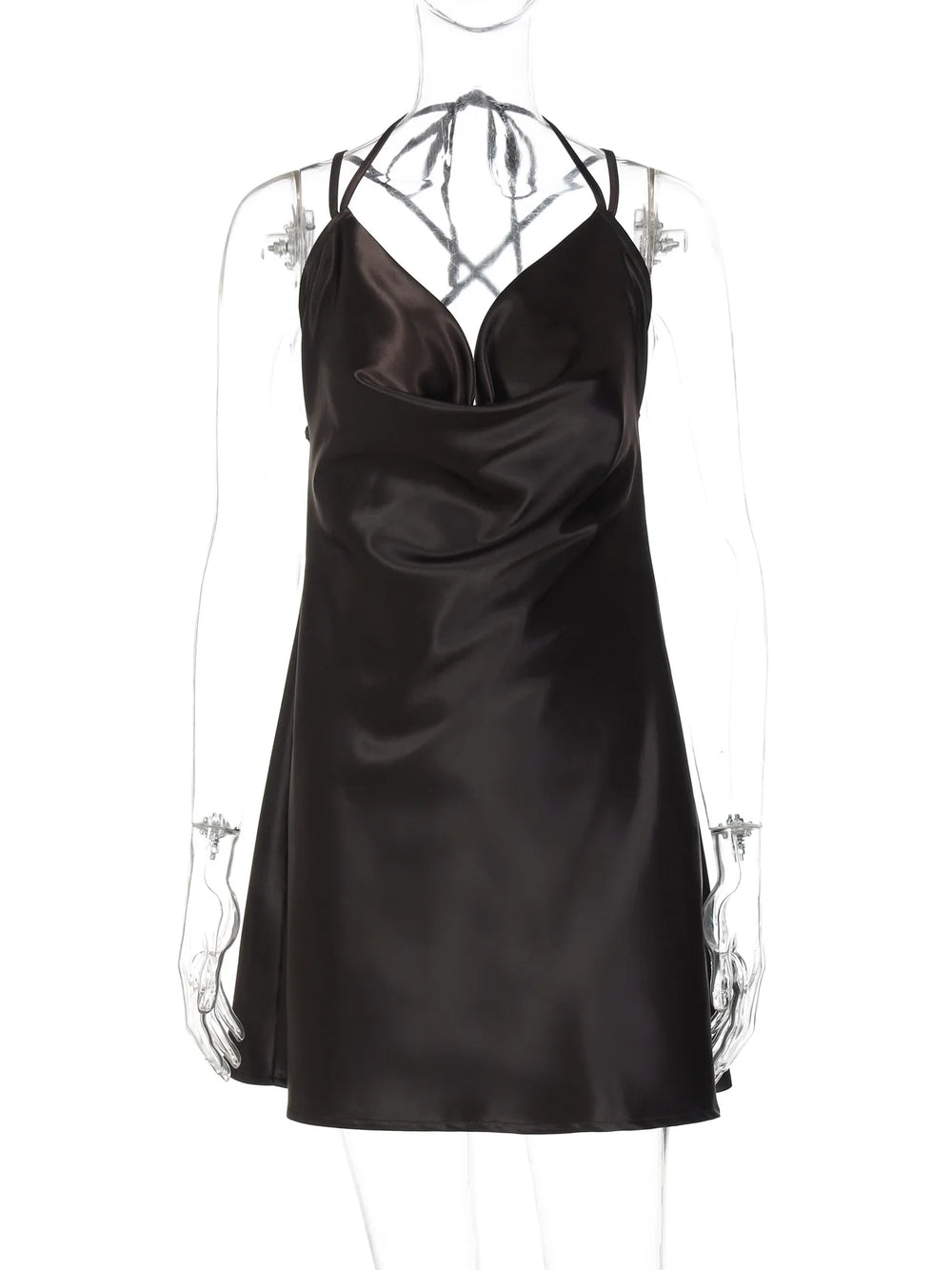 Black satin slip dress on a mannequin against a white background