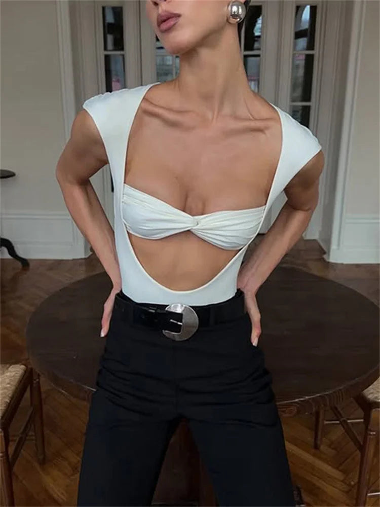 White twisted bustier cutout bodysuit with cap sleeves