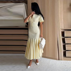 Yellow Solid Pleated Hem Maxi Dress
