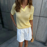Hollow knit turn-down collar short sleeve top in yellow