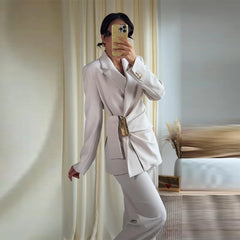 Ruched Waist Gold Buckle Blazer and Wide Leg Pants Set