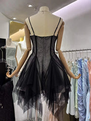 Black Asymmetrical Mesh V-Neck Mini Dress