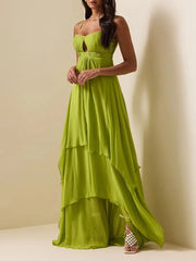 Green square neck maxi dress with a keyhole cutout and flowing skirt