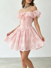 Off-the-Shoulder Ruffled Eyelet Mini Dress