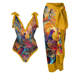 V-Neck Tie-Strap Swimsuit and Wrap Skirt Set