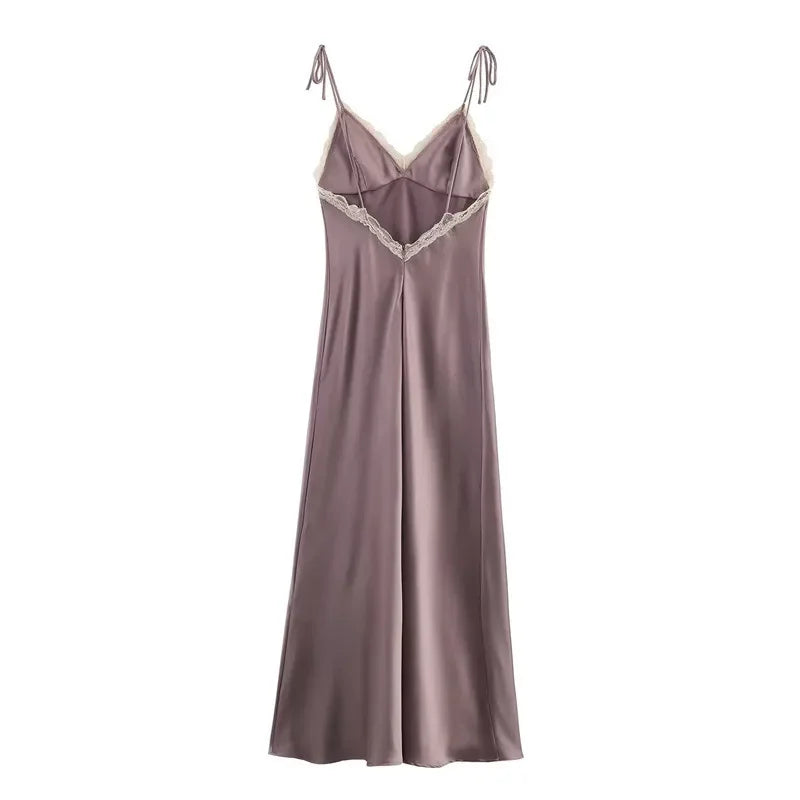Mauve satin slip dress on a white background