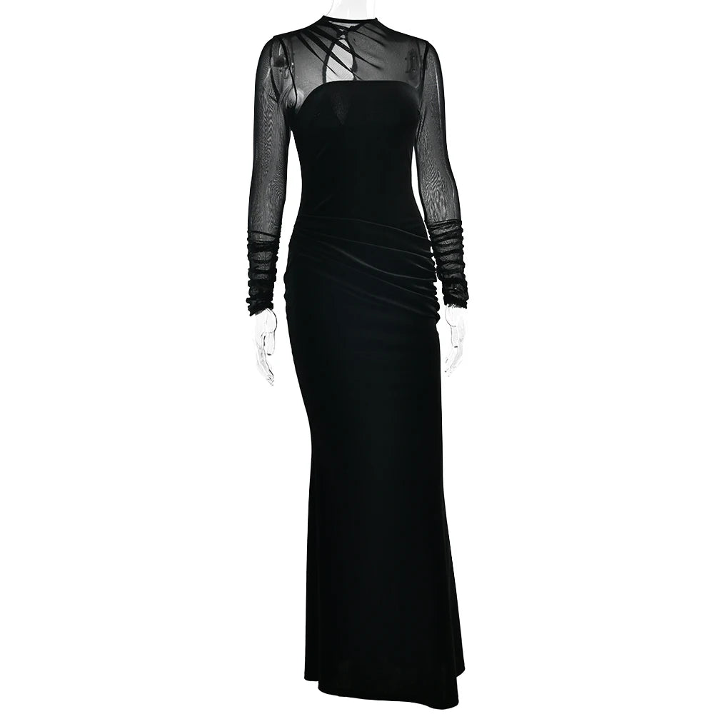 Black evening gown with sheer sleeves on a white background