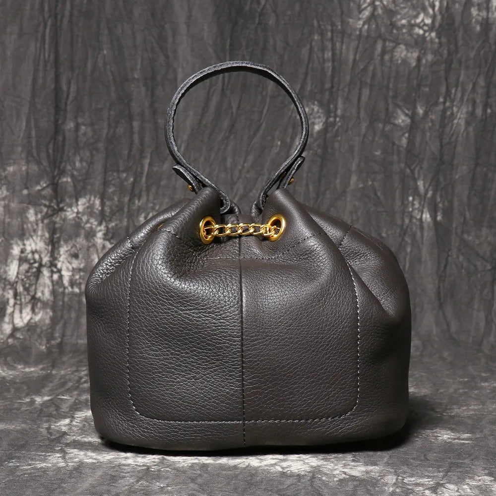 Dark grey leather drawstring bucket bag