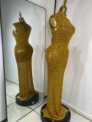 Shimmer Rhinestone Mesh Maxi Dress