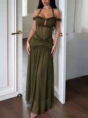 Ruffled Edge Slash Neck Frill Maxi Dress