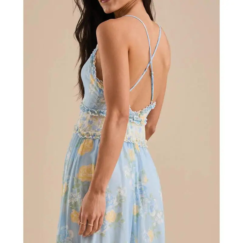 Back view of maxi dress with spaghetti straps