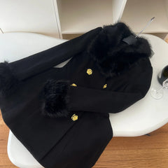 Fur Collar Black Woollen Coat Double Breasted Buckle Dress