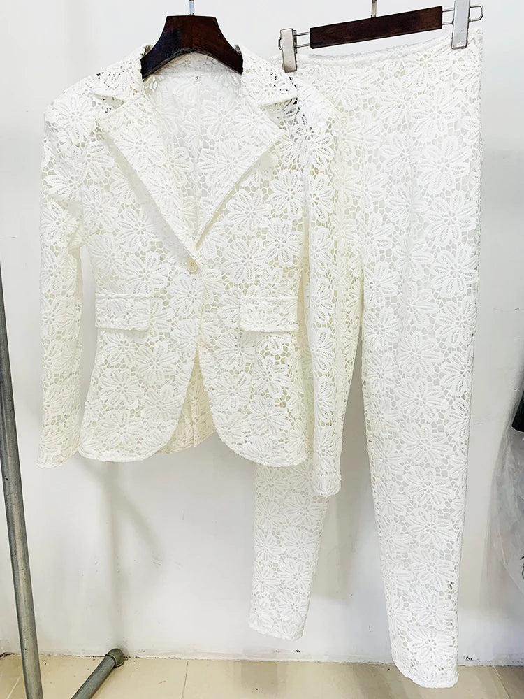 White Guipure lace blazer and pencil pants suit displayed on hangers