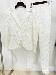 White Guipure lace blazer and pencil pants suit displayed on hangers