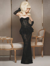 Strapless black lace maxi dress with ruffle detail