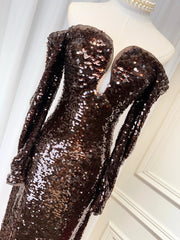 Brown Sequin Slash-Neck Sleeveless Maxi Dress