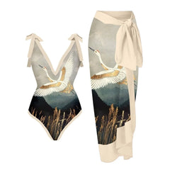 Tie-Strap V-Neck One-Piece Swimsuit with Matching Sarong Set