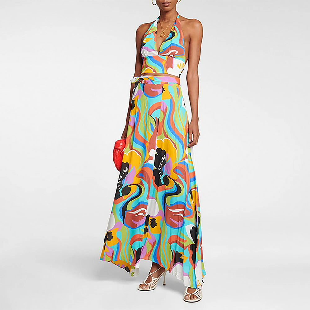 Vibrant abstract print two-piece halter top and maxi skirt swimwear set