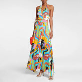 Vibrant abstract print two-piece halter top and maxi skirt swimwear set
