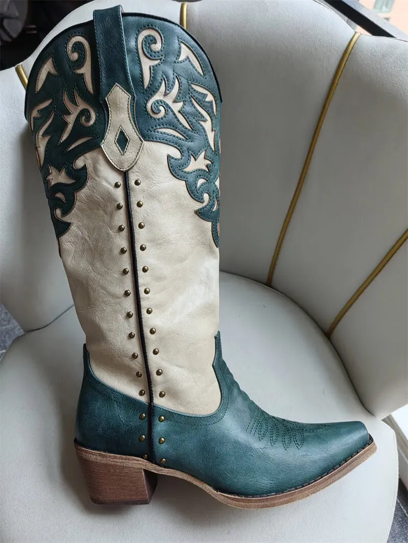 Turquoise and cream two-tone cowboy boots with stud detailing