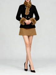 Black Short Coat With Brown Fur Trim And Short Scarf, And Brown Mini Skirt Set