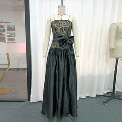 Strapless Lace Bodice Full Skirt Bow Accent Gown