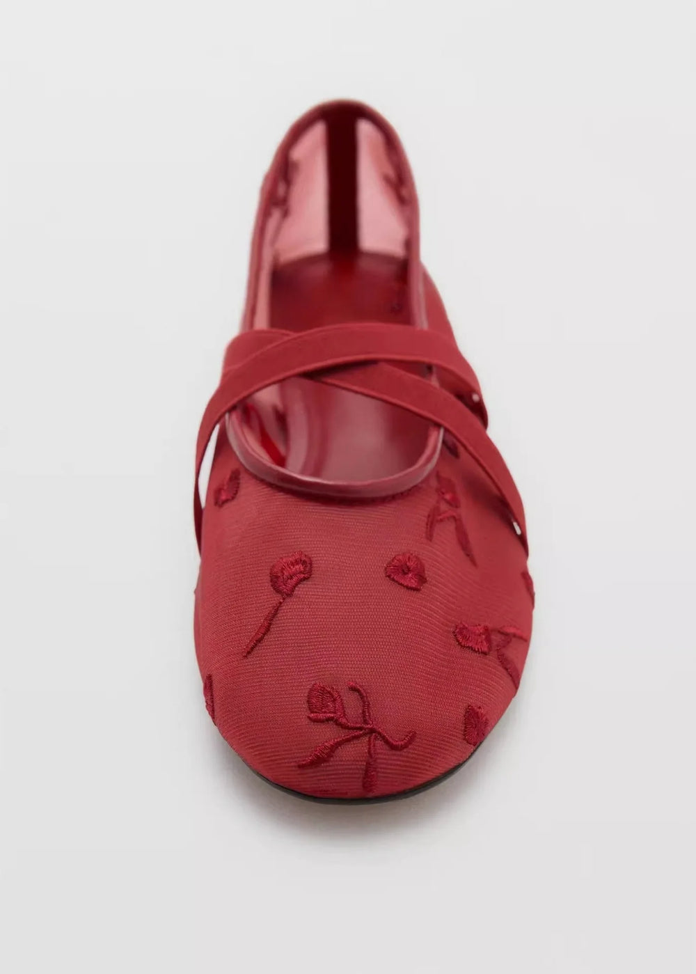 Front view of red embroidered mesh ballet flats