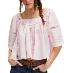 Pink lace trim square neck crop top