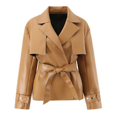 Belted lapel collar faux leather jacket in tan