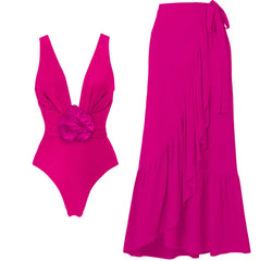 Fuchsia one piece swimsuit and wrap skirt