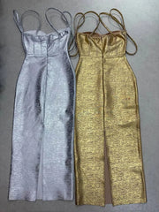 Silver and gold metallic sheath corset dresses with slits laid out