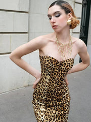 Satin Leopard Print Strapless Maxi Dress
