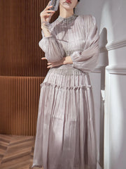 High Neck Pleated Midi Dress with Beaded Waist Detail