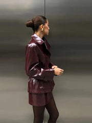 Faux Leather Lapel Jacket and Mini Skirt Set