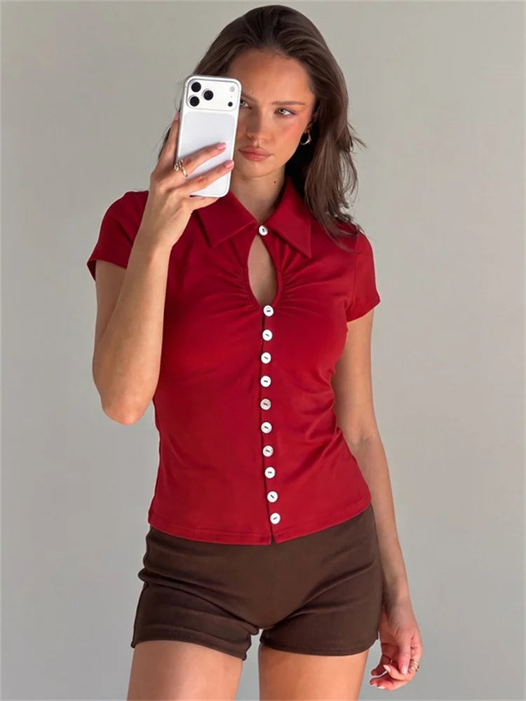 Collared button-front cutout knit top