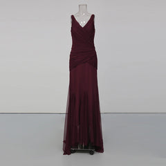 Ruched V-Neck Sheer-Hem Maxi Dress