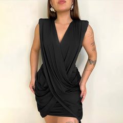 Deep V Neck Sleeveless Drape Mini Dress