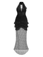 Black lace dress with a white background