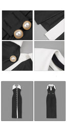 Turndown Collar Pearl Button A-line Black Midi Dress