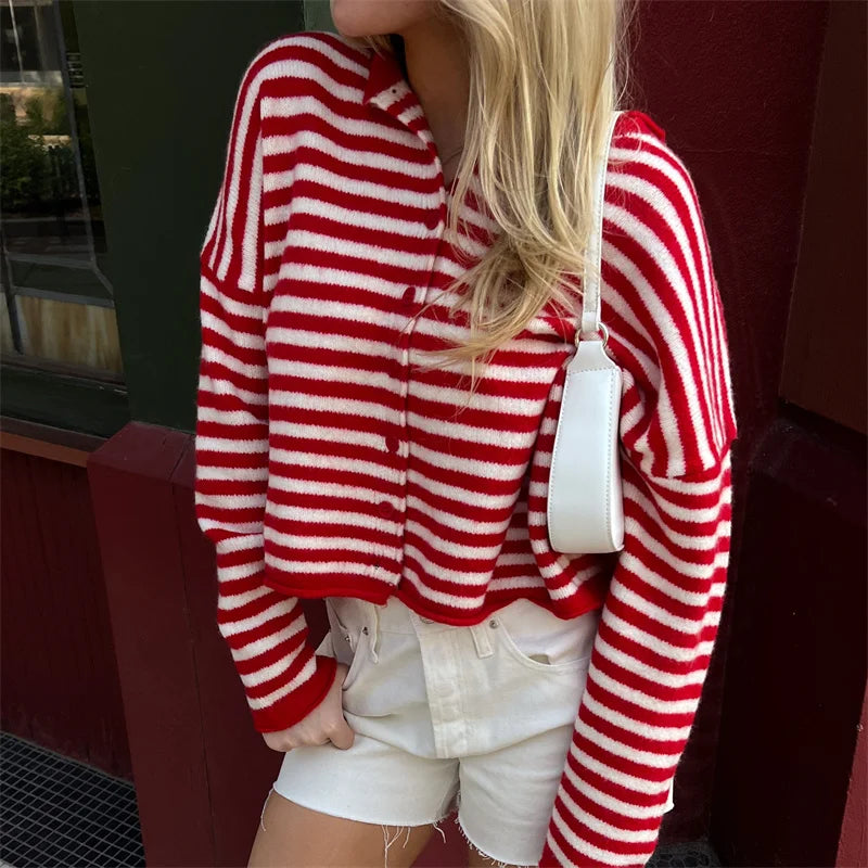 Red and white striped knit collar coat on a model