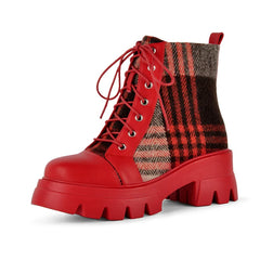 Plaid Platform Block Heel Boots