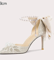 White Pearl Bow Stiletto Heels | Lace Bridal Beaded Party Sandals