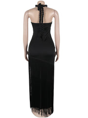 Black halter neck dress with fringe details on a mannequin against a white background