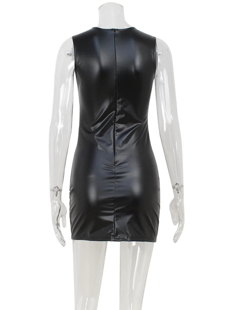 Black leather dress on a mannequin against a white background