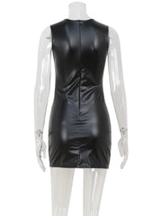 Black leather dress on a mannequin against a white background