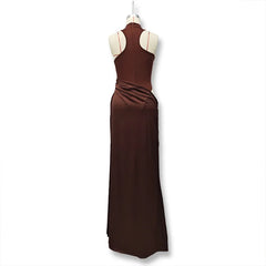 Brown evening gown on a mannequin against a white background