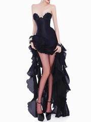 Black strapless gown with ruffled layers