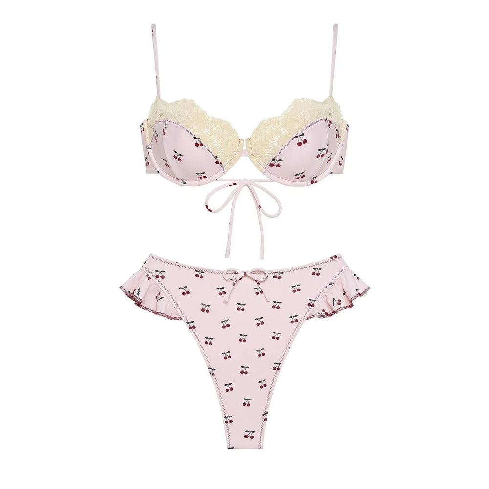 Cherry print bikini set with lace trim
