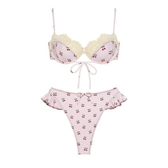 Cherry print bikini set with lace trim