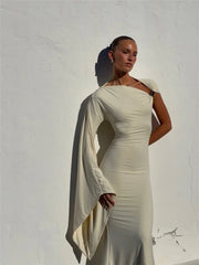 White One Shoulder Twisted Sleeve Midi Dress
